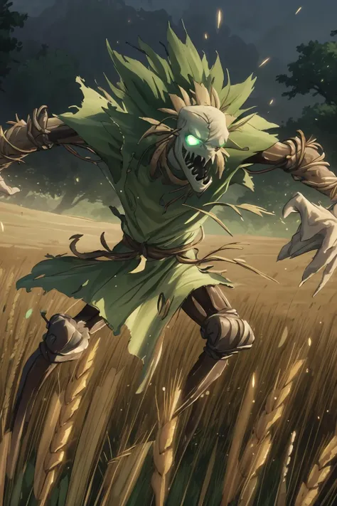 fiddlesticks holding a scythe,weapon,  1boy,male focus,torn clothes, legs,arms,hands, detailed face, monster ,teeth ,glowing eyes ,claws, no humans <lora:fiddlesticks-v1:0.7>, (wheat field:1.4),  focus on character, portrait, solo, half shot, looking down, detailed background, detailed face, (<lora:BiophyllTech:0.6>,   BiophyllTech theme:1.1), working, botanical researcher,  leaves, mandrake, greenery,   blooming flowers,   floating plants, magic, (style-swirlmagic:0.8),   green color scheme, lotus, wild growth,  seeds,  ferns, research, botanical laboratory in background, sunshine, magical atmosphere,