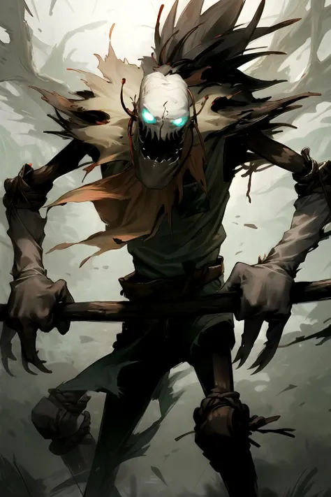 fiddlesticks holding a stick weapon, scarecrow, 1boy,male focus,torn clothes, legs,arms,hands, detailed face, cowboy shot ,monster ,teeth ,glowing eyes ,claws, no humans , <lora:add_detail:0.2>, <lora:fiddlesticks-10:0.7>,