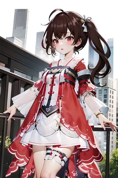 1girl,yousa, masterpiece, best quality, red eyes, (magpie:1.3),side ponytail, city,building,
