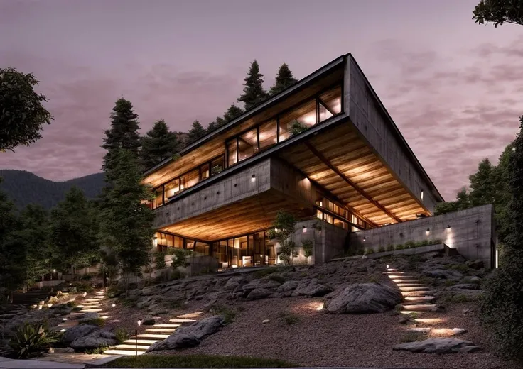 villa01,best quality,realistic,super detailed, nobody, landscape, architecture,Residential buildings in the mountains, Tadao Ando style, exposed concrete, rectangular building, modernism style, people view, dusk, high quality, architectural photo, 8K <lora:NH-1:0.9> <lora:add_detail:0.6> <lora:more_details:0.5> <lora:villa01_architecture_SDlife_Chiasedamme:0.4>