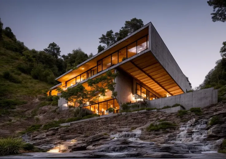 best quality,realistic,super detailed,8k, nobody, landscape, architecture,Residential buildings in the mountains, Tadao Ando style, exposed concrete, rectangular building, modernism style, people view, dusk, high quality, architectural photo, 8K <lora:NH-1:0.8> <lora:add_detail:0.6> <lora:more_details:0.5>