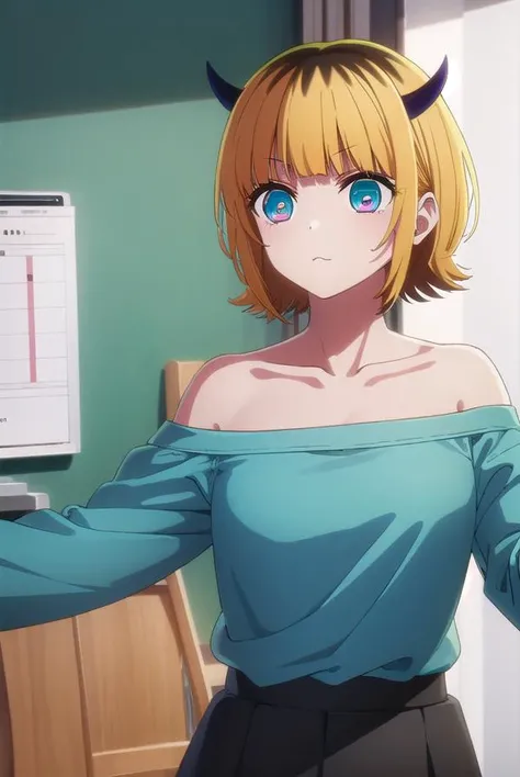 memcho, <lora:memcho s1-lora-nochekaiser:1>,
memcho, short hair, blonde hair, multicolored hair, horns, bangs, brown hair, black hair, blunt bangs, two-tone hair, (aqua eyes:1.3), :3,
BREAK shirt, long sleeves, black skirt, off shoulder, sleeves past wrists, (light blue shirt:1.2),
BREAK indoors, classroom,
BREAK looking at viewer, (cowboy shot:1.5),
BREAK <lyco:GoodHands-beta2:1>, (masterpiece:1.2), best quality, high resolution, unity 8k wallpaper, (illustration:0.8), (beautiful detailed eyes:1.6), extremely detailed face, perfect lighting, extremely detailed CG, (perfect hands, perfect anatomy),