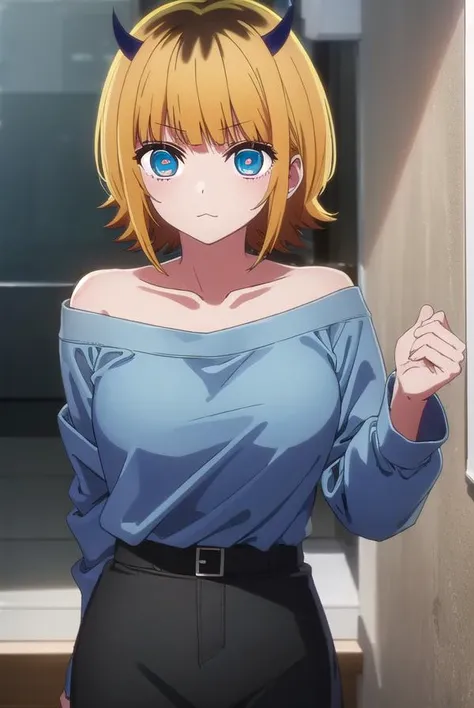 memcho, <lora:memcho s1-lora-nochekaiser:1>,
memcho, short hair, blonde hair, multicolored hair, horns, bangs, brown hair, black hair, blunt bangs, two-tone hair, (aqua eyes:1.3), :3,
BREAK shirt, long sleeves, black skirt, off shoulder, sleeves past wrists, (light blue shirt:1.2),
BREAK indoors, gym, mirrors,
BREAK looking at viewer, (cowboy shot:1.5),
BREAK <lyco:GoodHands-beta2:1>, (masterpiece:1.2), best quality, high resolution, unity 8k wallpaper, (illustration:0.8), (beautiful detailed eyes:1.6), extremely detailed face, perfect lighting, extremely detailed CG, (perfect hands, perfect anatomy),