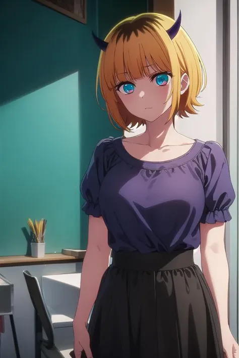 memcho, <lora:memcho s1-lora-nochekaiser:1>,
memcho, short hair, blonde hair, multicolored hair, horns, bangs, brown hair, black hair, blunt bangs, two-tone hair, (aqua eyes:1.3), :3,
BREAK skirt, shirt, short sleeves, frills, black skirt, frilled skirt, purple shirt, puffy sleeves, collarbone,
BREAK indoors, gym, mirrors,
BREAK looking at viewer, (cowboy shot:1.5),
BREAK <lyco:GoodHands-beta2:1>, (masterpiece:1.2), best quality, high resolution, unity 8k wallpaper, (illustration:0.8), (beautiful detailed eyes:1.6), extremely detailed face, perfect lighting, extremely detailed CG, (perfect hands, perfect anatomy),