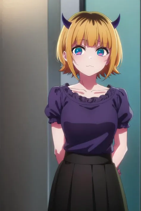 memcho, <lora:memcho s1-lora-nochekaiser:1>,
memcho, short hair, blonde hair, multicolored hair, horns, bangs, brown hair, black hair, blunt bangs, two-tone hair, (aqua eyes:1.3), :3,
BREAK skirt, shirt, short sleeves, frills, black skirt, frilled skirt, purple shirt, puffy sleeves, collarbone,
BREAK indoors, gym, mirrors,
BREAK looking at viewer, (cowboy shot:1.5),
BREAK <lyco:GoodHands-beta2:1>, (masterpiece:1.2), best quality, high resolution, unity 8k wallpaper, (illustration:0.8), (beautiful detailed eyes:1.6), extremely detailed face, perfect lighting, extremely detailed CG, (perfect hands, perfect anatomy),