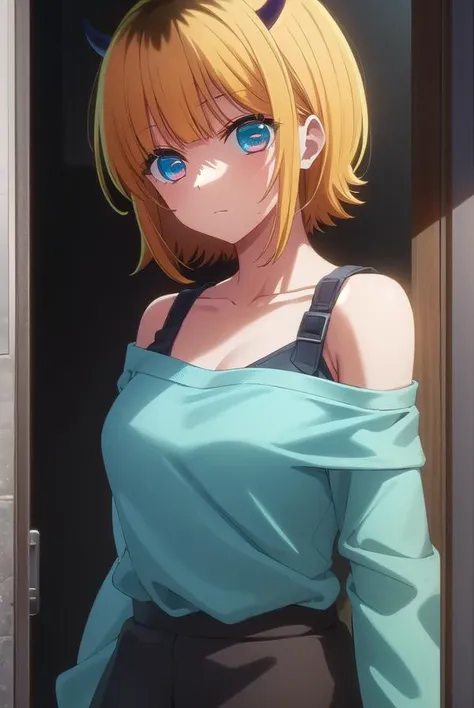 memcho, <lora:memcho s1-lora-nochekaiser:1>,
memcho, short hair, blonde hair, multicolored hair, horns, bangs, brown hair, black hair, blunt bangs, two-tone hair, (aqua eyes:1.3), :3,
BREAK shirt, long sleeves, black skirt, off shoulder, sleeves past wrists, (light blue shirt:1.2),
BREAK indoors, gym, mirrors,
BREAK looking at viewer, (cowboy shot:1.5),
BREAK <lyco:GoodHands-beta2:1>, (masterpiece:1.2), best quality, high resolution, unity 8k wallpaper, (illustration:0.8), (beautiful detailed eyes:1.6), extremely detailed face, perfect lighting, extremely detailed CG, (perfect hands, perfect anatomy),