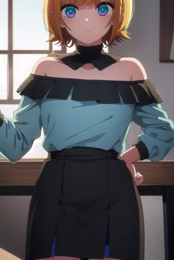 memcho, <lora:memcho s1-lora-nochekaiser:1>,
memcho, short hair, blonde hair, multicolored hair, horns, bangs, brown hair, black hair, blunt bangs, two-tone hair, (aqua eyes:1.3), :3,
BREAK shirt, long sleeves, black skirt, off shoulder, sleeves past wrists, (light blue shirt:1.2),
BREAK indoors, classroom,
BREAK looking at viewer, (cowboy shot:1.5),
BREAK <lyco:GoodHands-beta2:1>, (masterpiece:1.2), best quality, high resolution, unity 8k wallpaper, (illustration:0.8), (beautiful detailed eyes:1.6), extremely detailed face, perfect lighting, extremely detailed CG, (perfect hands, perfect anatomy),