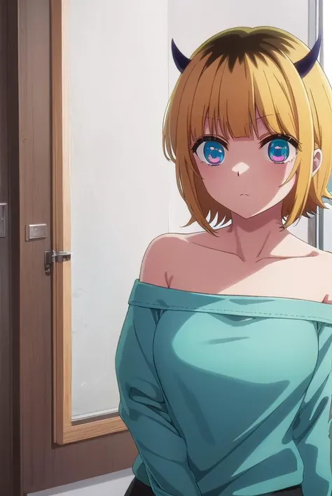 memcho, <lora:memcho s1-lora-nochekaiser:1>,
memcho, short hair, blonde hair, multicolored hair, horns, bangs, brown hair, black hair, blunt bangs, two-tone hair, (aqua eyes:1.3), :3,
BREAK shirt, long sleeves, black skirt, off shoulder, sleeves past wrists, (light blue shirt:1.2),
BREAK indoors, gym, mirrors,
BREAK looking at viewer, (cowboy shot:1.5),
BREAK <lyco:GoodHands-beta2:1>, (masterpiece:1.2), best quality, high resolution, unity 8k wallpaper, (illustration:0.8), (beautiful detailed eyes:1.6), extremely detailed face, perfect lighting, extremely detailed CG, (perfect hands, perfect anatomy),