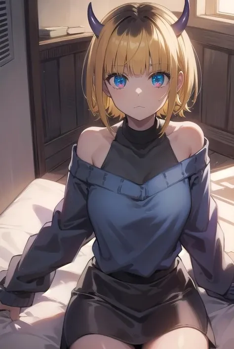 (upper body), iris, 1girl, solo, pelvic curtain, white capelet, black shirt, belt, white thighhighs, parted lips, blonde hair, blue eyes, looking at viewer, arms behind back, bed sheet, spread legs, <lora:iris-06:0.8>