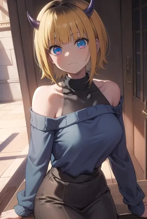 memcho, <lora:memcho-lora-nochekaiser:1>,
memcho, blonde hair, blue eyes, blunt bangs, demon horns, fake horns, horns, short hair,
BREAK bare shoulders, black skirt, (blue sweater:1.5), long sleeves, off shoulder, off-shoulder sweater, puffy sleeves, skirt, sweater, white ribbon,
BREAK looking at viewer,
BREAK indoors,
BREAK <lyco:GoodHands-beta2:1>, (masterpiece:1.2), best quality, high resolution, unity 8k wallpaper, (illustration:0.8), (beautiful detailed eyes:1.6), extremely detailed face, perfect lighting, extremely detailed CG, (perfect hands, perfect anatomy),