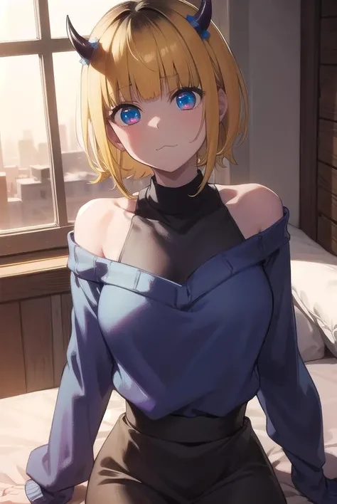 memcho, <lora:memcho-lora-nochekaiser:1>,
memcho, blonde hair, blue eyes, blunt bangs, demon horns, fake horns, horns, short hair,
BREAK bare shoulders, black skirt, (blue sweater:1.5), long sleeves, off shoulder, off-shoulder sweater, puffy sleeves, skirt, sweater, white ribbon,
BREAK looking at viewer,
BREAK indoors,
BREAK <lyco:GoodHands-beta2:1>, (masterpiece:1.2), best quality, high resolution, unity 8k wallpaper, (illustration:0.8), (beautiful detailed eyes:1.6), extremely detailed face, perfect lighting, extremely detailed CG, (perfect hands, perfect anatomy),