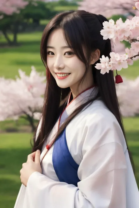 <lora:doll16:0.7:FACE>hanfu, looking at the viewer, upper body, cherry blossom, smile,