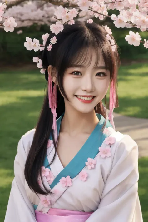 <lora:doll16:0.7:FACE>hanfu, looking at the viewer, upper body, cherry blossom, smile,
