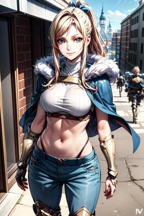 best quality, masterpiece, 1girl, (solo:1.1), raytracing, ultra detailed,detailed face, 8k wallpaper, wide hips, <lora:more_details:0.5>, smile, ChloeMorgan_NDV, 1girl, blonde hair, large breasts, long hair, blue eyes, pony tail, capelete, fur collar, pants, armored boots, crop top, outdoor, <lora:ChloeMorgan_NDV:0.7>