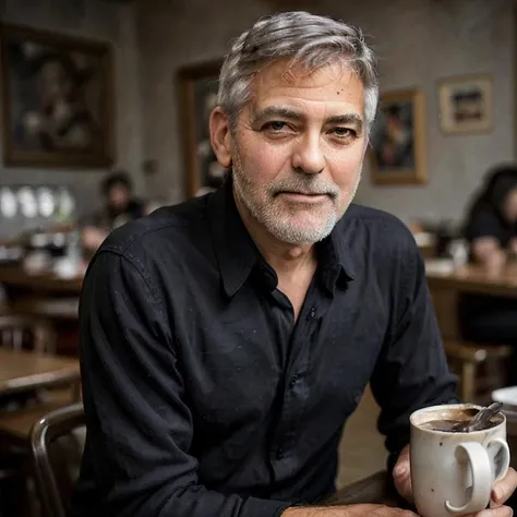 a high quality, professional photo of george clooney, sitting in a cafe, upper body visible, masterpiece, ultra realistic, extreme photo realism, rich colors, deep colors, dark blacks, bright whites, sharp focus, image_sharpener,