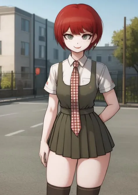 (masterpiece, best quality:1.2), extremely detailed, soft ambient lighting, sharp focus, 4K, BREAK <lora:mahiruDG:0.8>, mahirudg, 1girl, solo, plaid necktie, white collared shirt, short sleeves, green pinafore dress, pleated skirt, black socks, BREAK outdoors, school entrance, looking at viewer, nervous smile, full-face blush, standing, holding penis, BREAK <lora:flaccidv2:0.4>, futanari, huge penis, veiny penis, huge testicles, flaccid, penis to the knees, long penis,