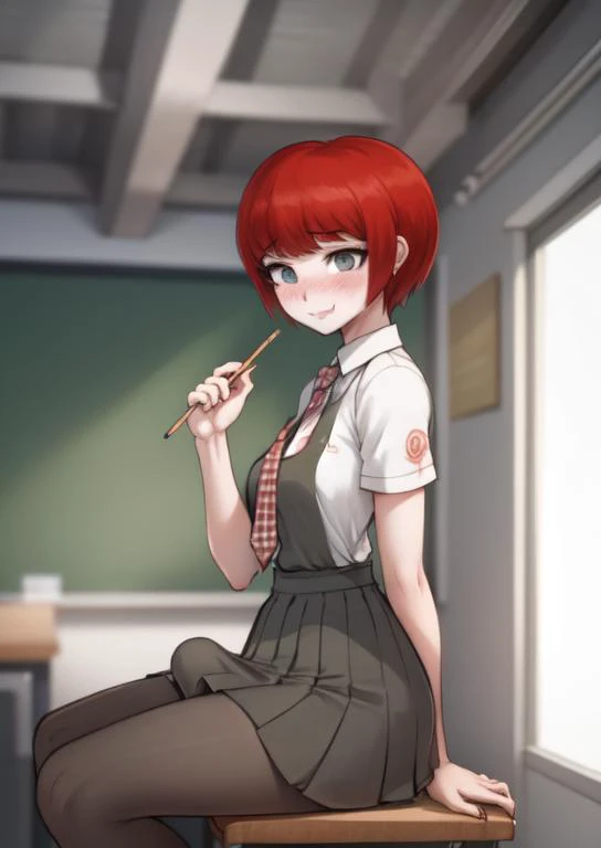 (masterpiece, best quality:1.2), extremely detailed, soft ambient lighting, sharp focus, 4K, BREAK <lora:mahiruDG:0.7>, mahirudg, 1girl, solo, plaid necktie, white collared shirt, short sleeves, green pinafore dress, pleated skirt, black socks, BREAK indoors, school classroom, looking at front, nervous smile, full-face blush, sitting on chair, holding pencil, from side, BREAK <lora:cloth-bulge:1>, cloth bulge