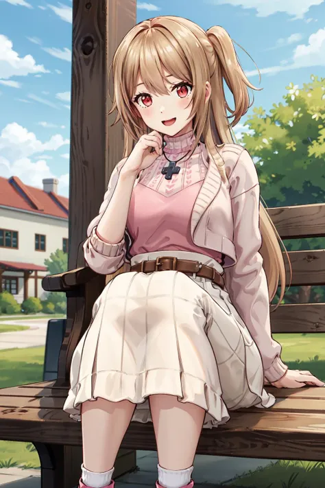 masterpiece,best quality,highres,ultra-detailed,yumesaki kaede \(game club project\),red eyes,long hair,one side up,bangs,cross necklace,jacket,sweater,pink shirt,long sleeves,white skirt,long skirt,belt,socks,pink footwear,<lora:yumesaki_kaede:0.7>,outdoors,bench,sitting,:d,