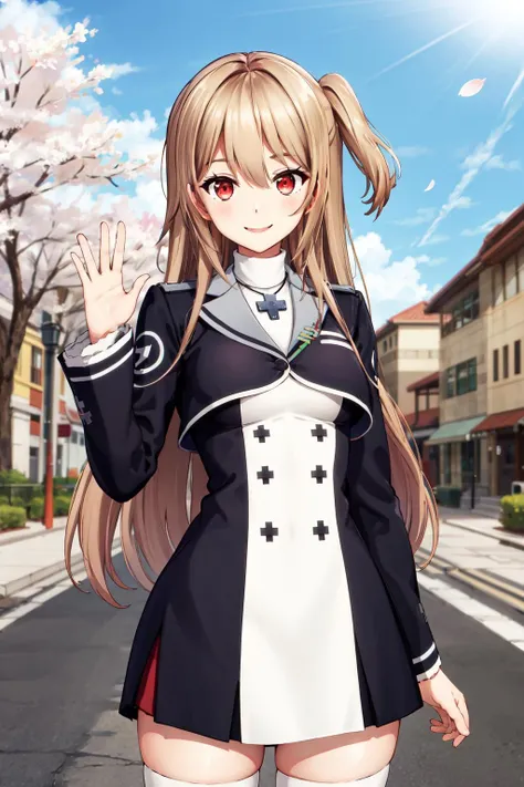 masterpiece,best quality,highres,ultra-detailed,yumesaki kaede \(game club project\),red eyes,long hair,one side up,bangs,hair between eyes,cross necklace,black jacket,cropped jacket,(white dress:1.2),turtleneck,long sleeves,(black thighhighs:1.2),thighhighs,loafers,<lora:yumesaki_kaede:0.8>,outdoors,cherry blossoms,cowboy shot,smile,waving,