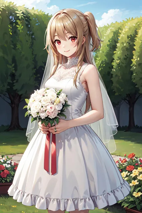 masterpiece,best quality,highres,ultra-detailed,yumesaki kaede \(game club project\),red eyes,long hair,one side up,bangs,<lora:yumesaki_kaede:0.6>,(wedding dress:1.2),white dress,garden,smile,outdoors,standing,cowboy shot,holding bouquet,