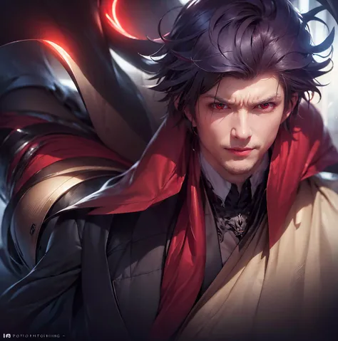 fantasy art, (ultimate quality, masterpiece, highres:1.0), (photorealistic, realistic:1.9), soft lighting, demonic energy, dark, mysterious ambience,
1boy, edwinblack_taimanin, red eyes, angry, grinning, smile, business suit, black coat, red tie, cape, casting spell, vampire, <lora:EdwinBlack_taimanin_real-000010:1>