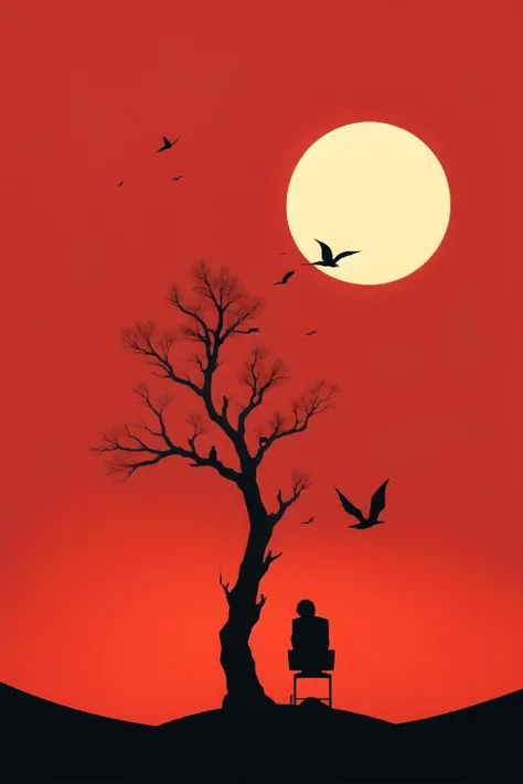 <lora:平颿ç»:0.9>,ch,silhouette,red background,solo,bare tree,simple background,tree,moon,shadow,
