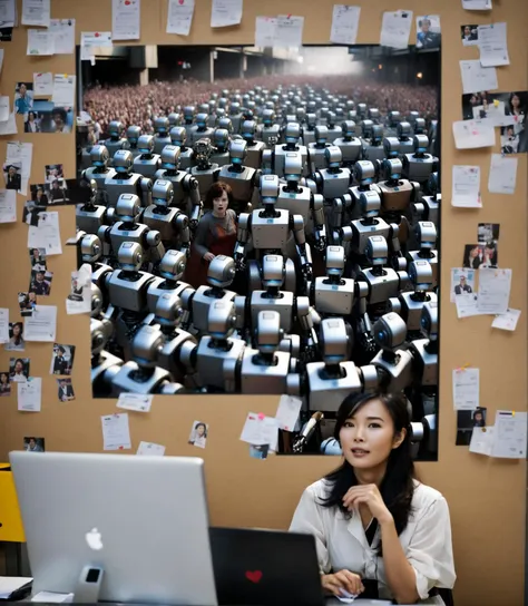 ("I LOVE ROBOTS" text:1.4), large picture frame, employee wall at robot factory, HR notices, (post it notes:0.7), (asian woman staring at you:1.3)