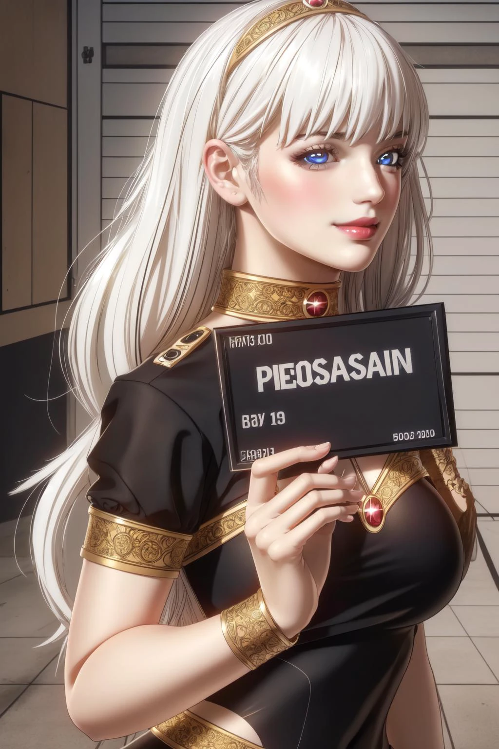 (masterpiece, best quality), intricate details,
1girl, <lora:hansarang:0.8> hansarang_demon , 1girl , solo, solo focus , long hair, white hair, hairband, thighhighs, large breast, blue eyes, very long hair,
<lora:barbie_mugshot_B:0.8> barbie mugshot, holding sign, smug, prison,
