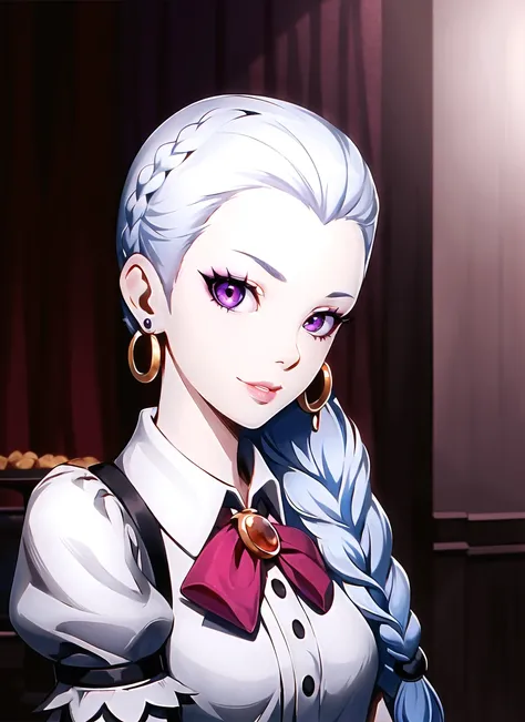 zeronis, , 1girl, braid, death parade, earrings, jewelry, lips, long hair, looking at viewer, nona \(death parade\), purple eyes, single braid, solo, upper body, white hair, widow's peak , ((masterpiece)) <lora:zeronis_offset:1>
