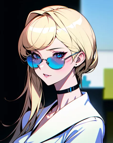 4K, Masterpiece,deep depth of field,highres, absurdres,natural volumetric lighting and best shadows, deep depth of field, sharp focus, soft delicate beautiful attractive face,vandread,blonde Nadia with sunglasses and a choker , vandread drawing style,zeronis, <lora:Dita:0.25> <lora:Nadia:0.35> <lora:zeronis:1>