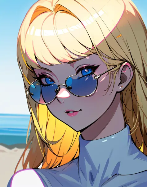 4K, Masterpiece, highres, absurdres,natural volumetric lighting and best shadows, deep depth of field, sharp focus, soft delicate beautiful attractive face,vandread,blonde Nadia with sunglasses and a choker , vandread drawing style, <lora:Dita:0.25> <lora:Nadia:0.35> <lora:zeronis:1>
