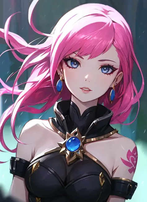 zeronis, 1girl, blue eyes, bracelet, earrings, jewelry, league of legends, lips, pink hair, portrait, solo, tattoo, vi \(league of legends\), ((masterpiece)), (deep depth of field) <lora:zeronis_offset:1>