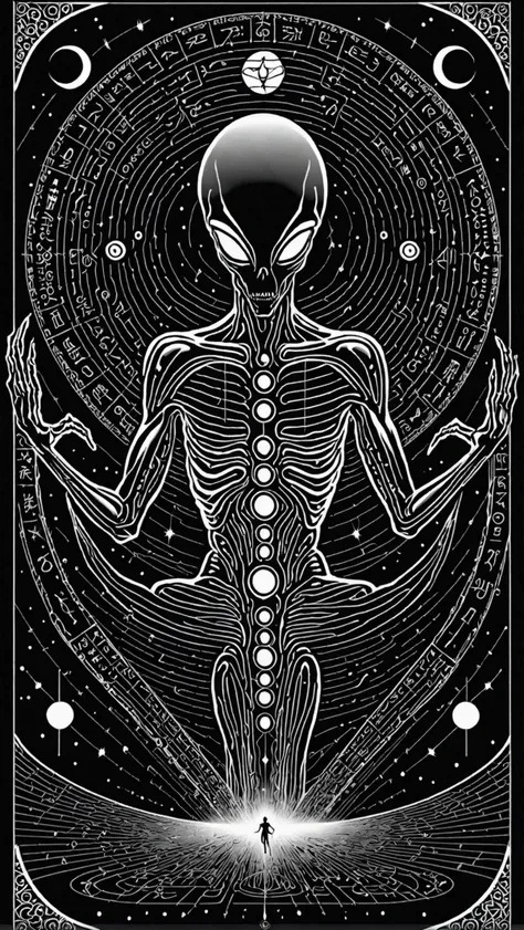 a single line of esoteric symbols running down the middle of the image, looks like alien writting in codes, beatiful typhography design, mesmerizing scripture single line, perfect lines, extra detailed