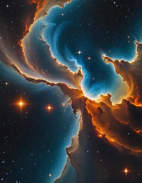Drama movie still, cosmic nebula, star-forming regions, interstellar clouds, deep space wonder, reminiscent of Hubble Space Telescope imagery