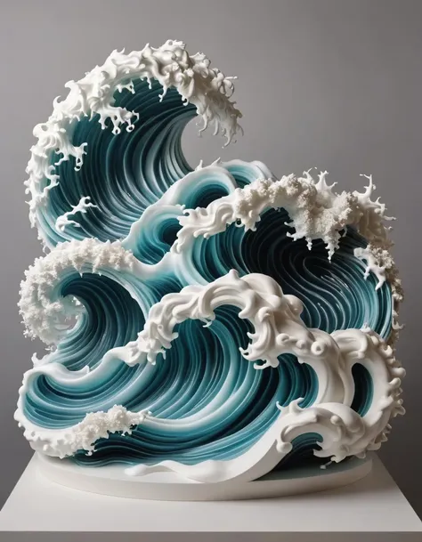 Sculptural artwork, turbulence of waves, marine creatures emerging from foam, in the style of Yang Jiang
