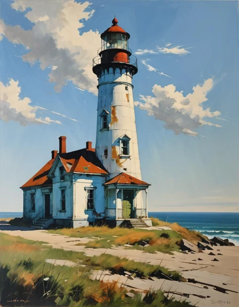 A dilapidated lighthouse, sea breeze, magical realism, reminiscent of the work of Edward Hopper
