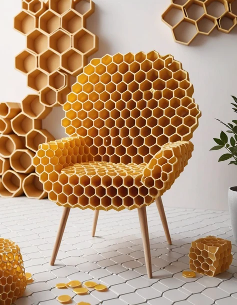A Honeycomb chair made of honeycombs. A cute illustration.