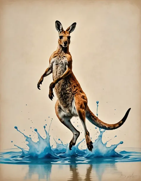 A whimsical sketch of a kangaroo hopping through ink in water, splashing effect, using Australian tonalism, inspired by Ren Renfa