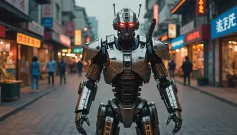 epic, cityscape, (a hyperrealism photo portrait of a surprised robotpunk middle-aged warrior protecting a city from robots seeking to enslave its inhabitants, face symmetry, intricate accurate details, cinematic color grading, cinematic, artstation, 8K:1.3) and Hongcun Village, in Revealing all, at Dusk, Vivid, Cozy, Moonlight, bokeh, Nikon Z9, 800mm lens, Dark hue