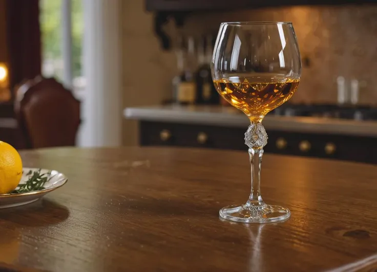 macro photography, a crystal wineglass filled with liquid gold on an oak table in a victorian kitchen, warm color grading, #photography, 8k, uhd, hdr, dslr, sharp focus. (guidance scale: 1.7)