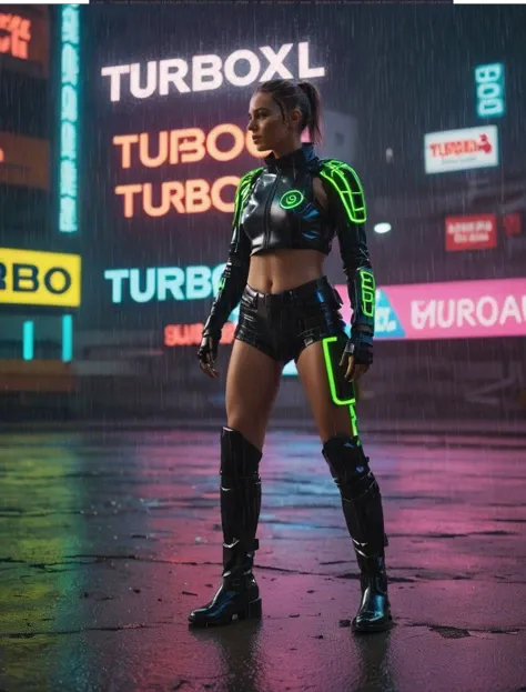 text: "turboxl", a perfect female fantasy superhero in rainboots and superherosuit with text says "TURBO-XL", walking in a dark street, cyberpunk aesthetic by filip hodas and beeple, highly detailed, neon signs in the background, night, dynamic pose, superhero aesthetic, grainy gritty crackled disturbed, grunge oil painting , photorealistic, 8k, hq, sharp focus, deep shadows, low angle, wide angle (cfg:1.9)