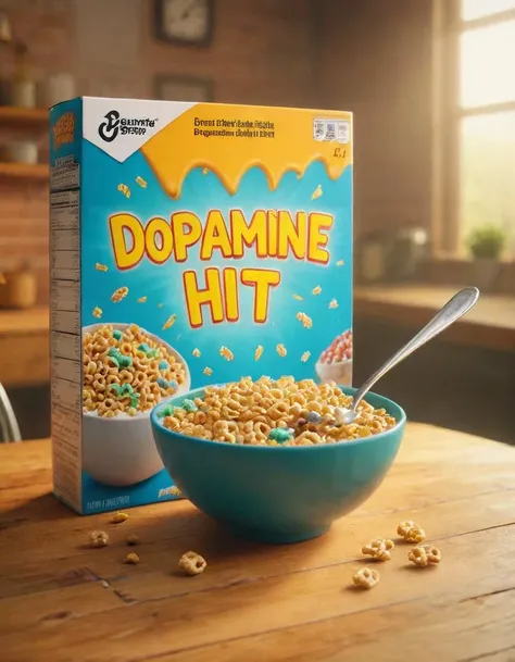 cereal box with the text "dopamine hit"