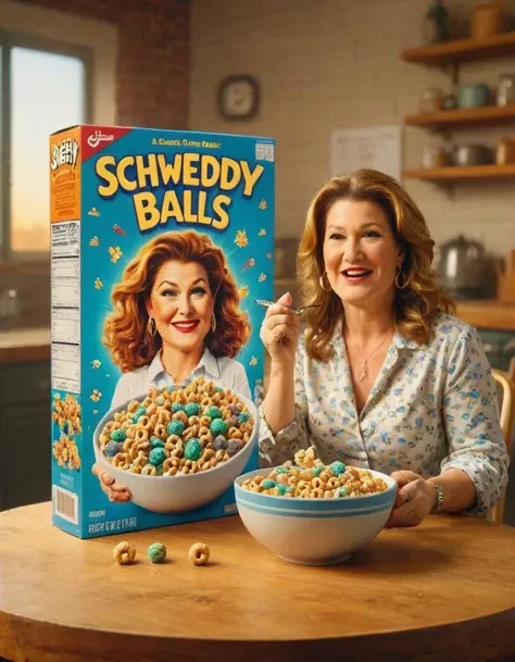 cereal box with the text "Schweddy Balls", featuring Ana Gasteyer