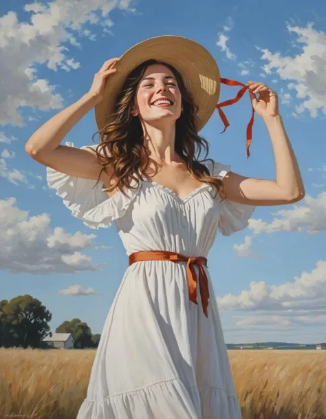 A realistic painting of a young woman with wavy brown hair and a joyful expression, holding a straw hat adorned with ribbons on her head. She wears a white dress with delicate ruffling at the neckline. The wind appears to be playing with her hair, creating dynamic movement. The backdrop is a simple, clear blue sky, accentuating the innocence and playful mood of the subject.