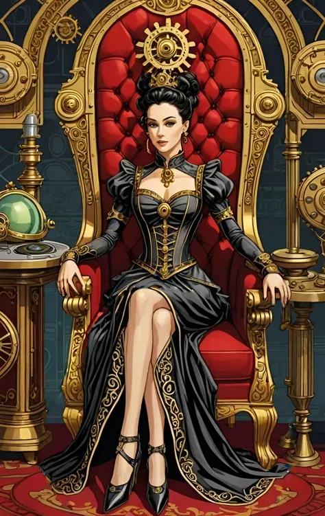 gold leaf, Steampunk, retro-futuristic science fantasy, steam-powered tech, vintage industry, gears, neo-victorian, steampunk,, Cel Shaded Art, 2D, flat color, toon shading, cel shaded style,, Monochrome color guide, New Media Art,, A girl as a queen in a red chair, perfect hands, black long dress