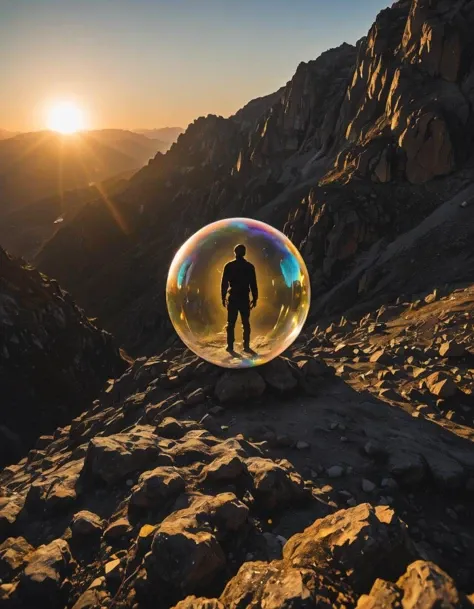 Heroic figure, silhouetted against setting sun, rugged terrain, high contrast, reminiscent of Ansel Adams' style (in a bubble:1.2)