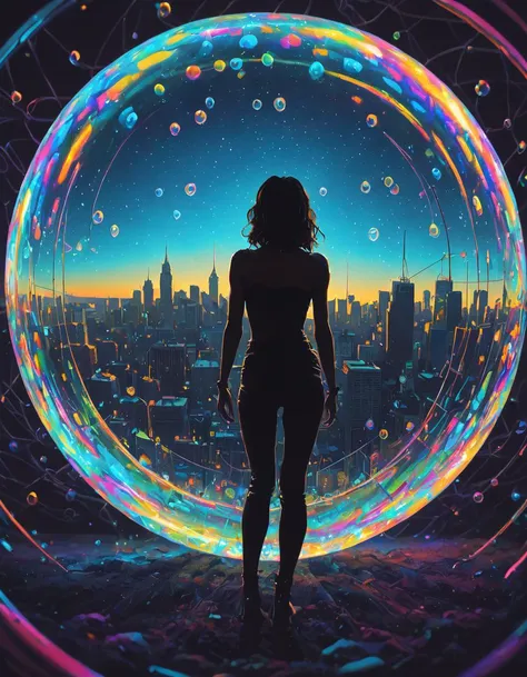 Heroine, silhouette against neon skyline, high contrast colors, reminiscent of the work of Frank Miller (in a bubble:1.4)