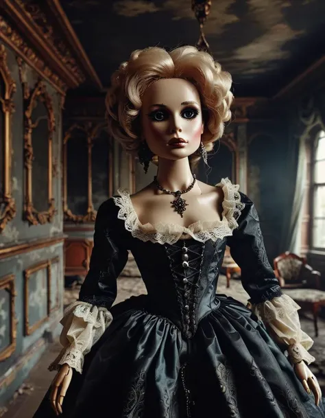 GeorgianStyle, Haunted doll, creepy attic, old mansion, dark tones, inspired by the Gothic horror genre