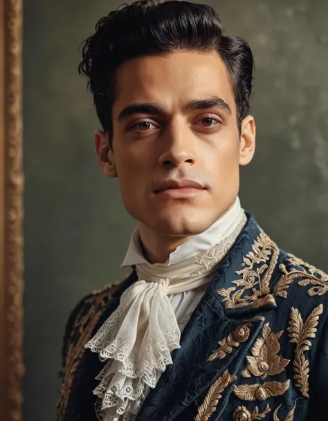 GeorgianStyle, A close-up photograph of Rami Malek with textured background and focused details, such as wrinkles around the eyes and pores on the skin, in the style of Nancy Carline's celebrity portraits