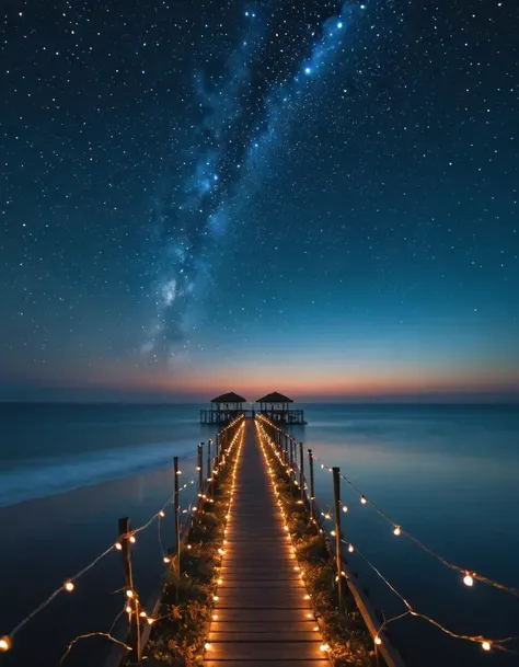 fairy lights, An ethereal image of a seascape under a cosmic sky, where every star is replaced by an iconic symbol from various cultures, intricate accurate details, capturing the limitless possibilities of the universe, 8K.